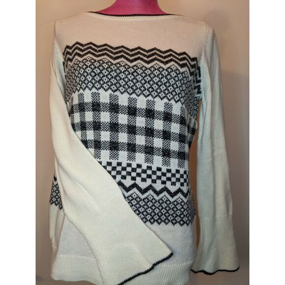 Talbots Flare Sleeve Fair Isle Wool Blend Sweater Cream/Black Size Medium - Picture 1 of 3